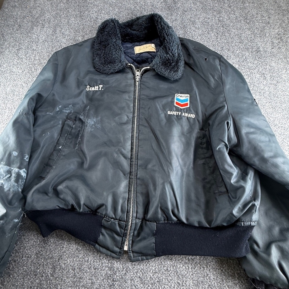 Vintage Flight Jacket Chevron Safety Award Navy Blue Bomber Faux Fur Collar L